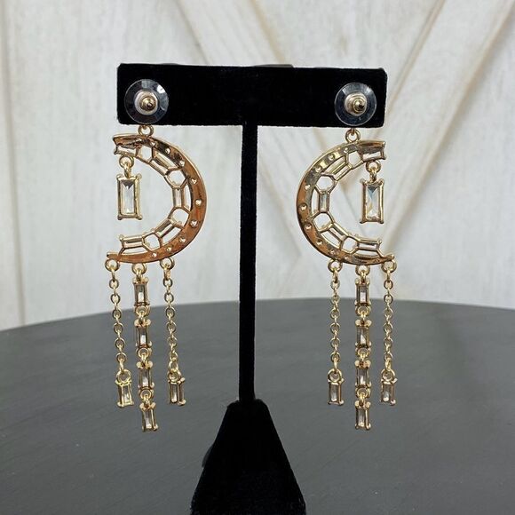 Natasha Rhinestone Crescent Moon Dangle Earrings Celestial - Picture 3 of 8